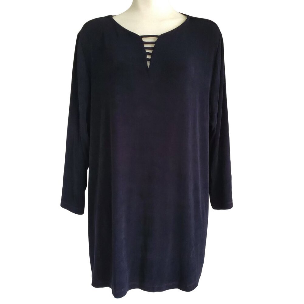 Chico's Travelers Lattice detail neckline Black Slinky Loose Fit Tunic Sz 4 XXL